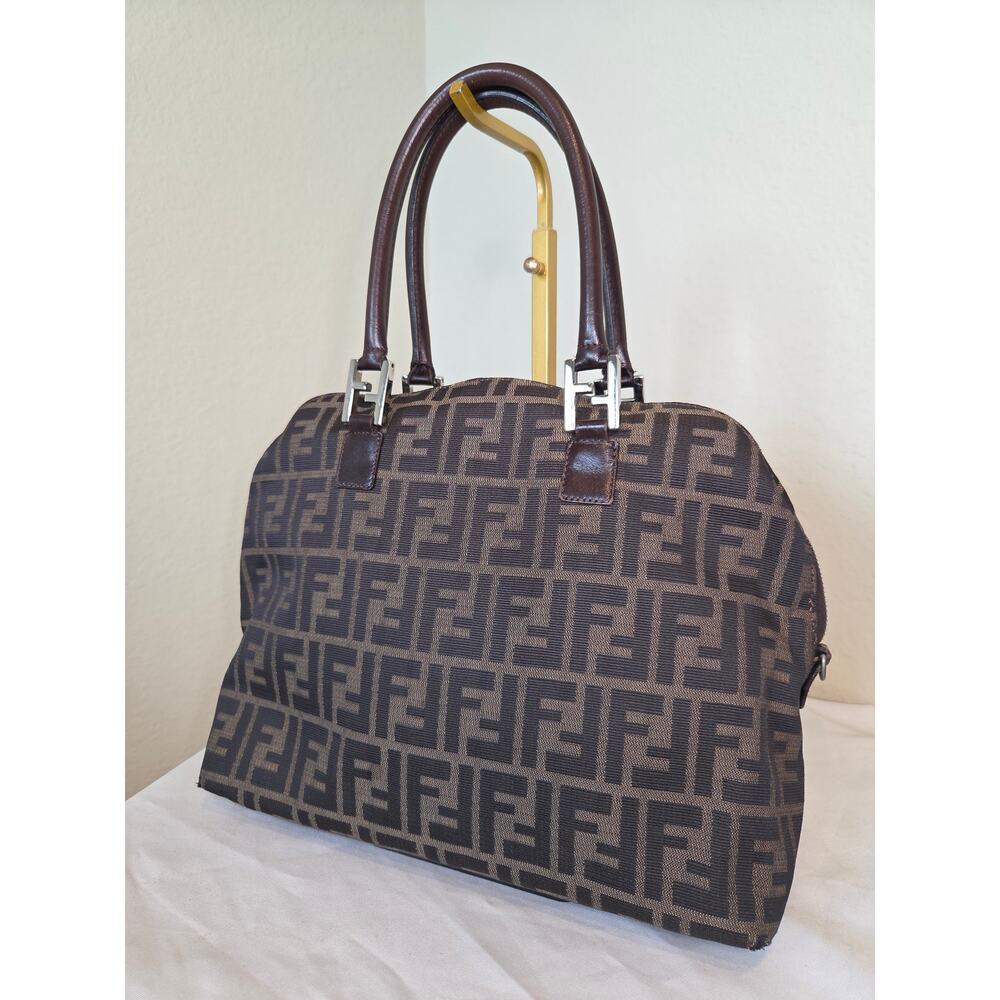Fendi Zucca Canvas Brown Leather Trim Satchel Bag Silver Hardware Tote Vintage - Picture 2 of 16